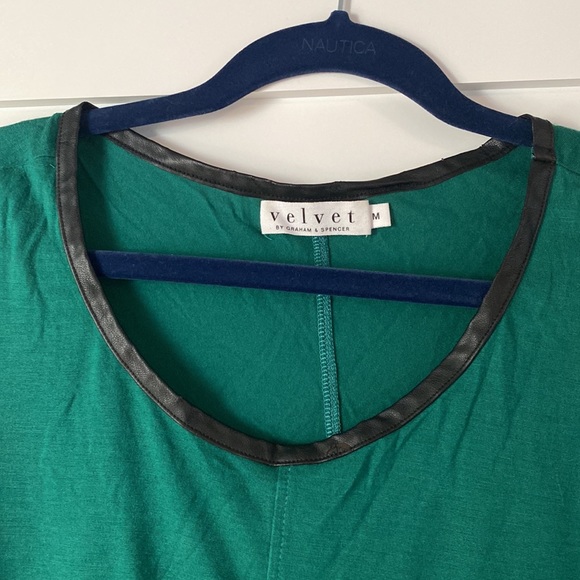 Forest green shirt with 3/4 length sleeve and leather trim on neckline - Picture 2 of 3